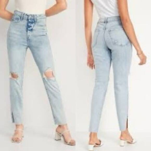 NEW OLD NAVY Light Acid Wash Blue High Rise Straight  Distressed Denim Jeans 8 - Picture 16 of 16